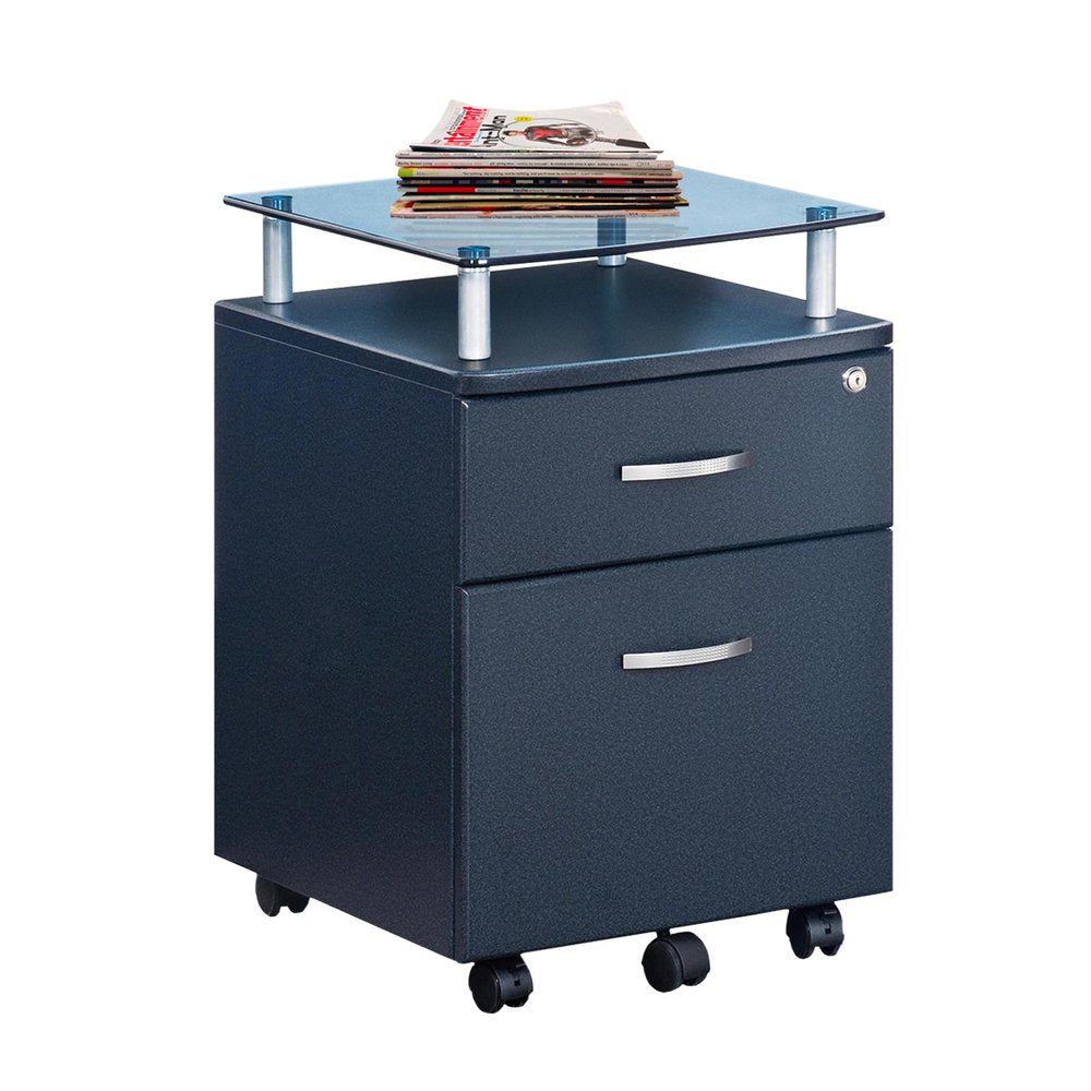 Gray Glass And Metal Two Drawer Rolling Filing Cabinet