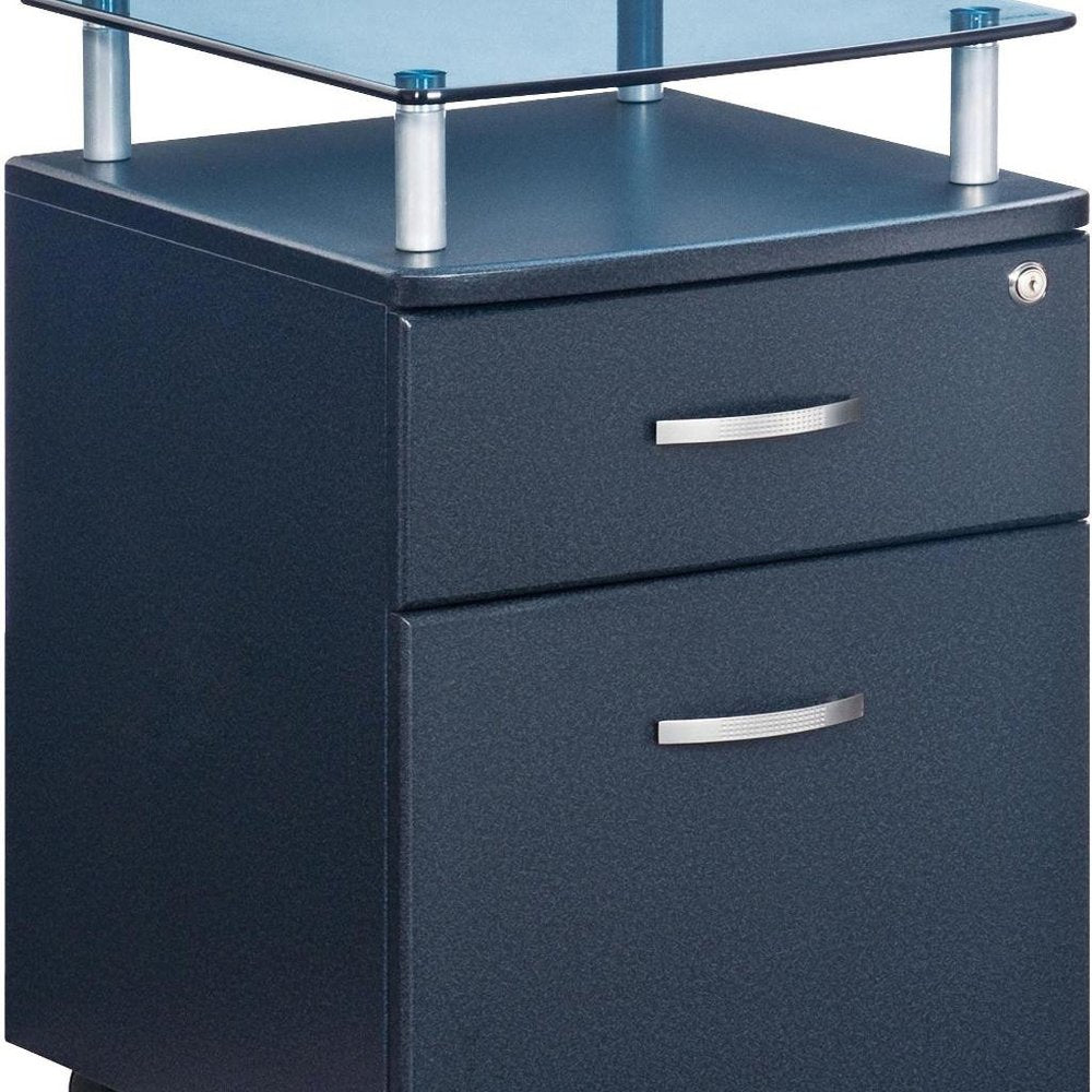 Gray Glass And Metal Two Drawer Rolling Filing Cabinet