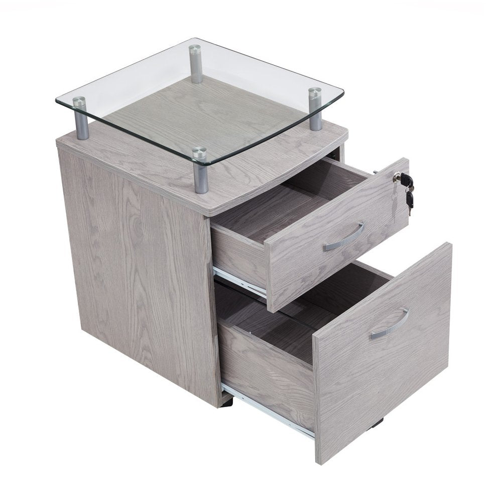Gray Glass And Metal Two Drawer Rolling Filing Cabinet