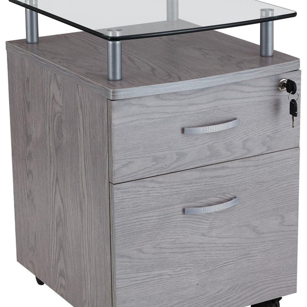 Gray Glass And Metal Two Drawer Rolling Filing Cabinet