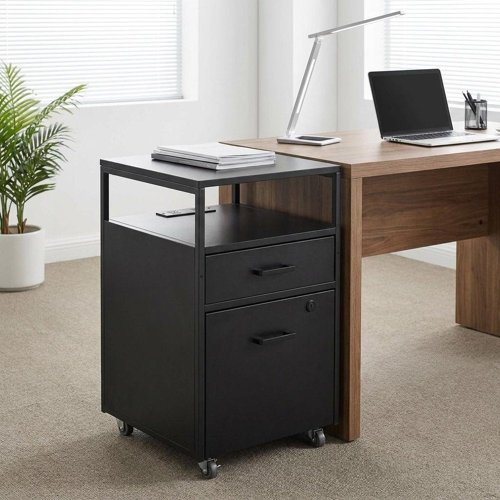 26" Black Wood And Metal Two Drawer Rolling Filing Cabinet With USB