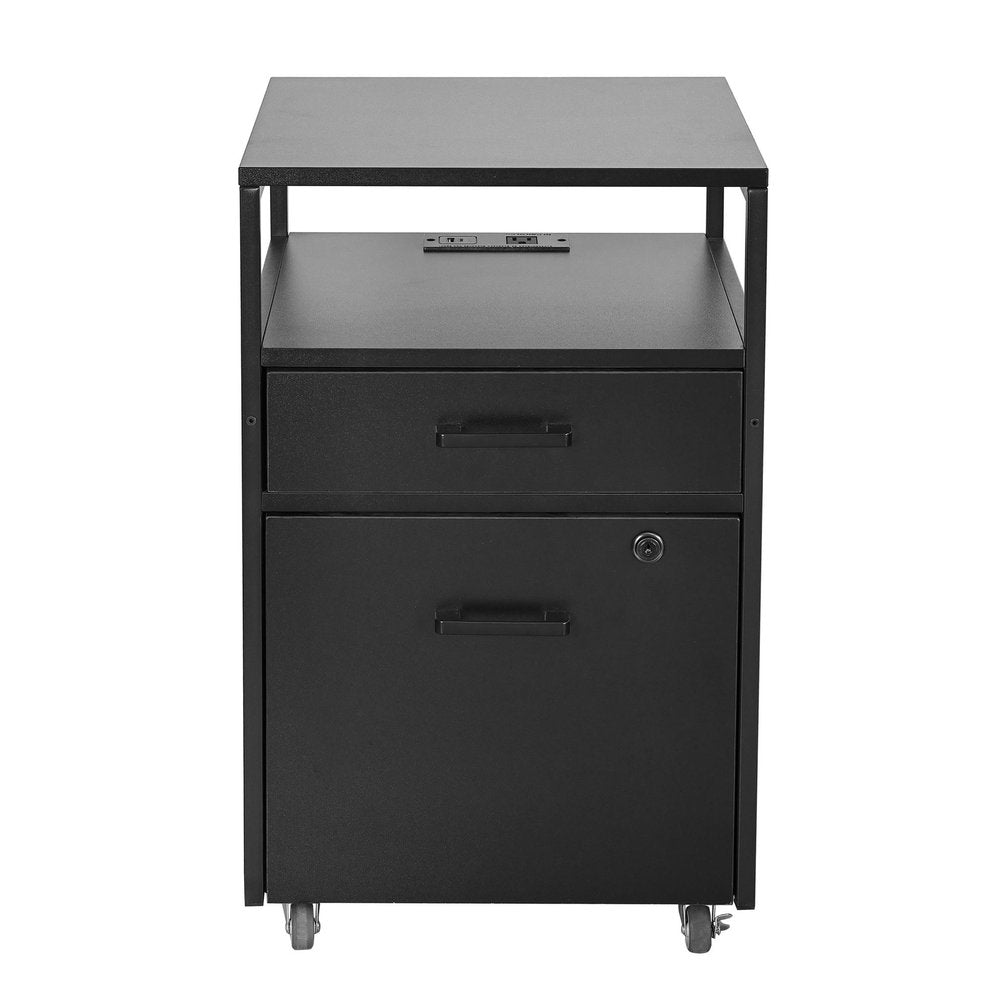 26" Black Wood And Metal Two Drawer Rolling Filing Cabinet With USB