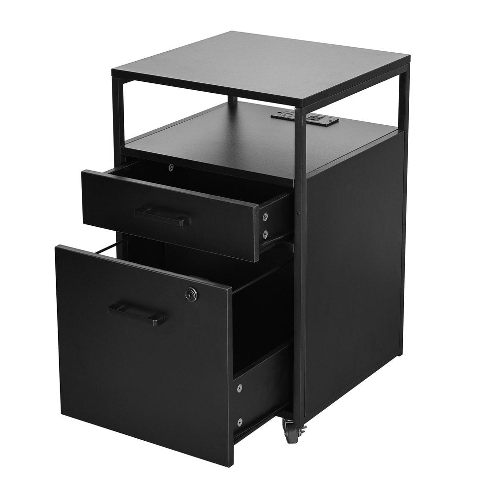 26" Black Wood And Metal Two Drawer Rolling Filing Cabinet With USB