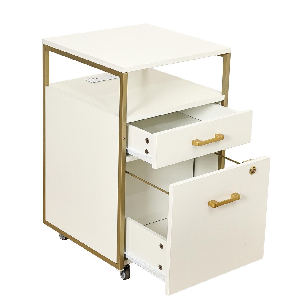 26" Black Wood And Metal Two Drawer Rolling Filing Cabinet With USB