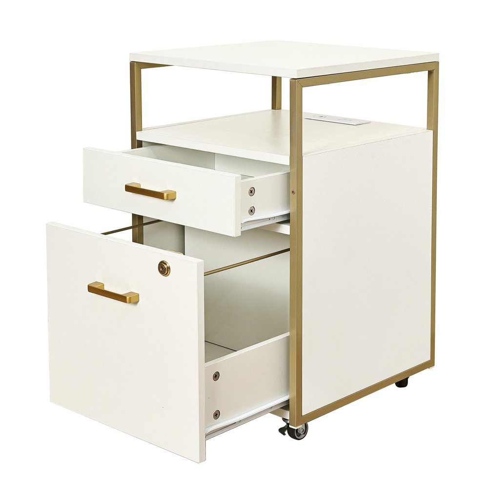 26" Black Wood And Metal Two Drawer Rolling Filing Cabinet With USB