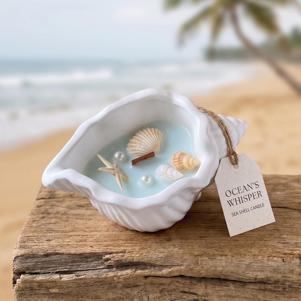 6" Light Blue Sea Salt And Orchid Scented Candle In White Resin Novelty Holder With Shells