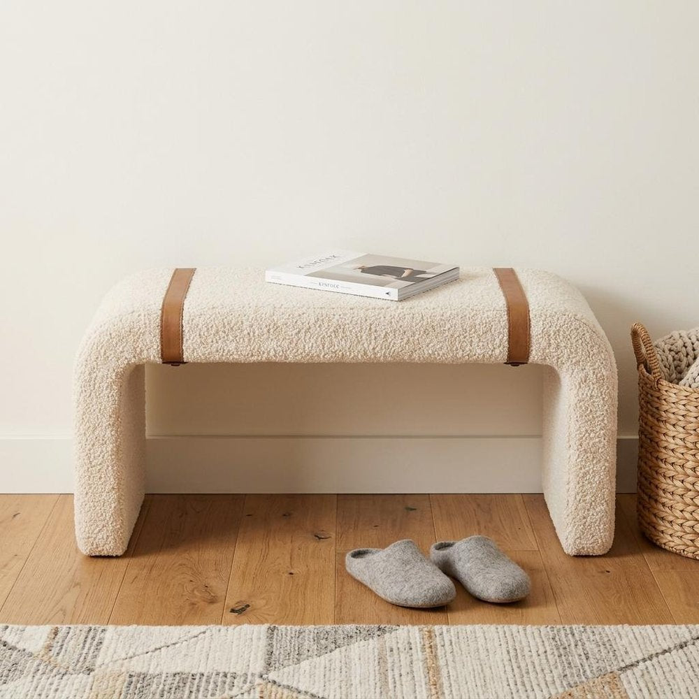 35" Beige and Brown Boucle and Leather Upholstered Bench