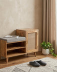 41" Beige And Oak Boucle And Solid Wood Upholstered Storage Bench With Cabinet And Shelves