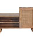 41" Beige And Oak Boucle And Solid Wood Upholstered Storage Bench With Cabinet And Shelves