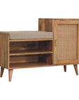 41" Beige And Oak Boucle And Solid Wood Upholstered Storage Bench With Cabinet And Shelves