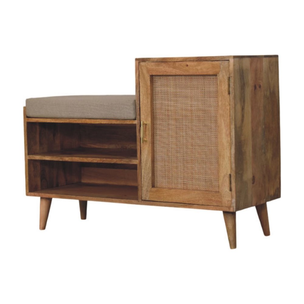 41" Beige And Oak Boucle And Solid Wood Upholstered Storage Bench With Cabinet And Shelves