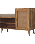 41" Beige And Oak Boucle And Solid Wood Upholstered Storage Bench With Cabinet And Shelves