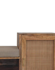 41" Beige And Oak Boucle And Solid Wood Upholstered Storage Bench With Cabinet And Shelves