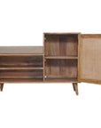 41" Beige And Oak Boucle And Solid Wood Upholstered Storage Bench With Cabinet And Shelves