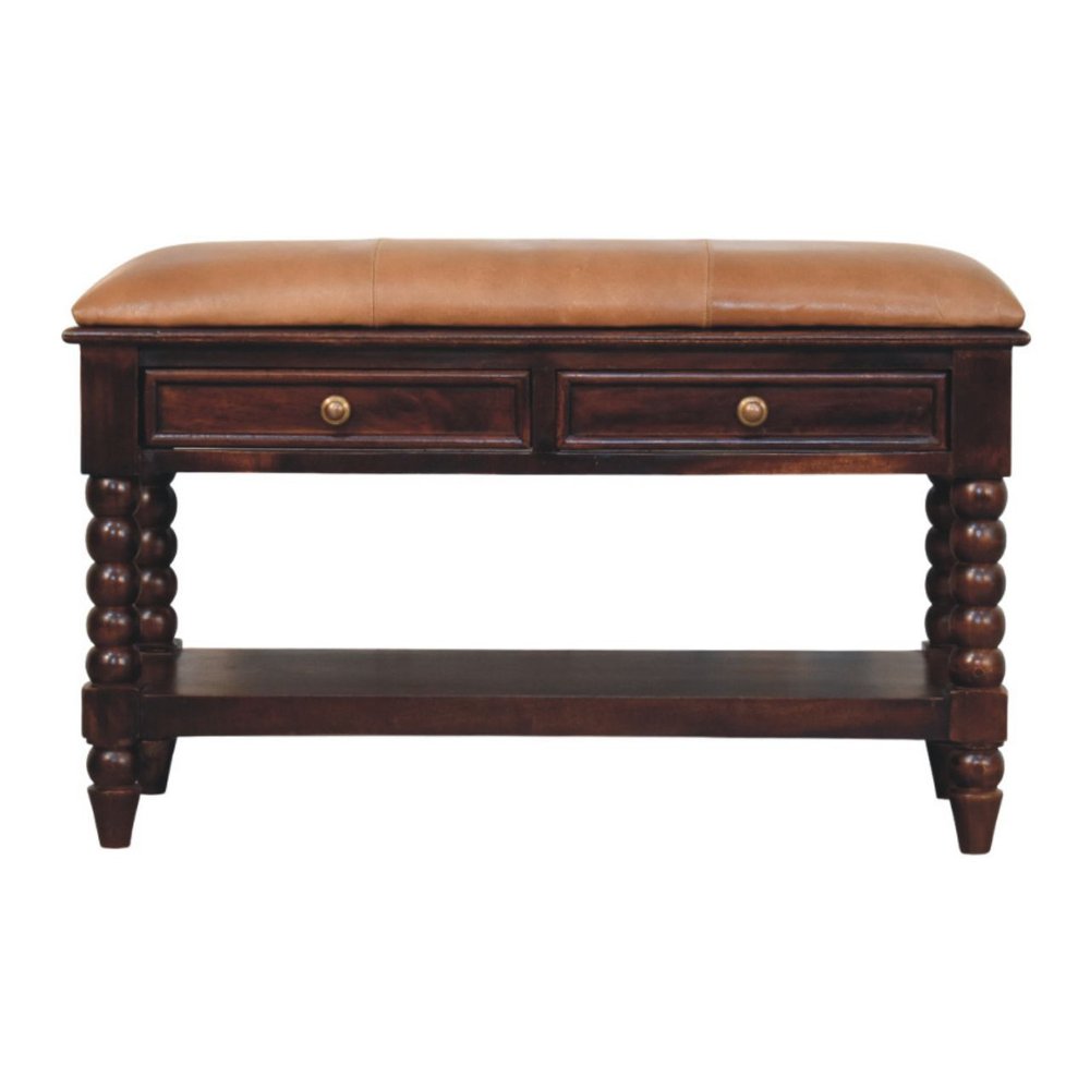 35" Tan And Dark Brown Genuine Leather And Solid Wood Upholstered Storage Bench With Drawers And Shelves