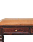 35" Tan And Dark Brown Genuine Leather And Solid Wood Upholstered Storage Bench With Drawers And Shelves