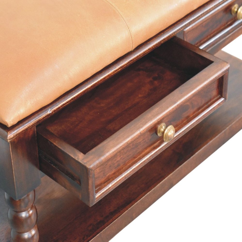 35" Tan And Dark Brown Genuine Leather And Solid Wood Upholstered Storage Bench With Drawers And Shelves