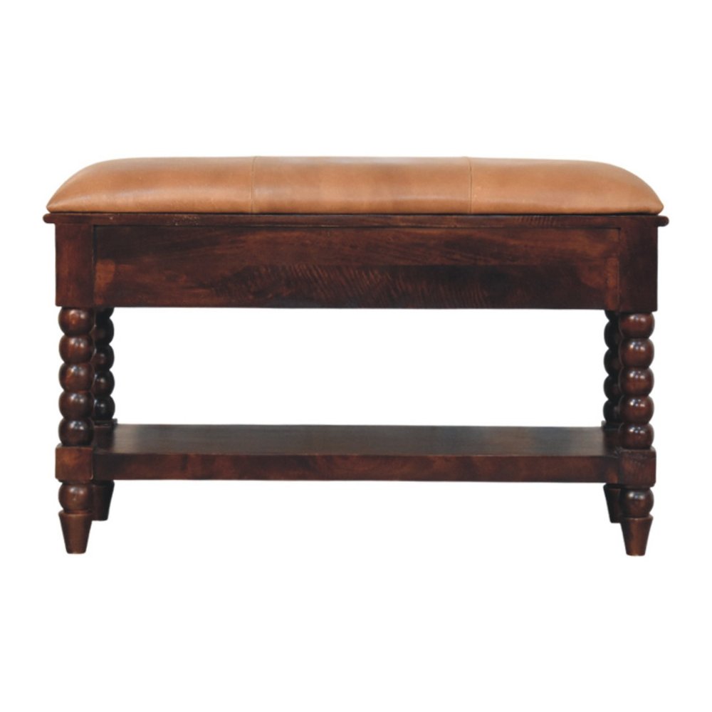 35" Tan And Dark Brown Genuine Leather And Solid Wood Upholstered Storage Bench With Drawers And Shelves