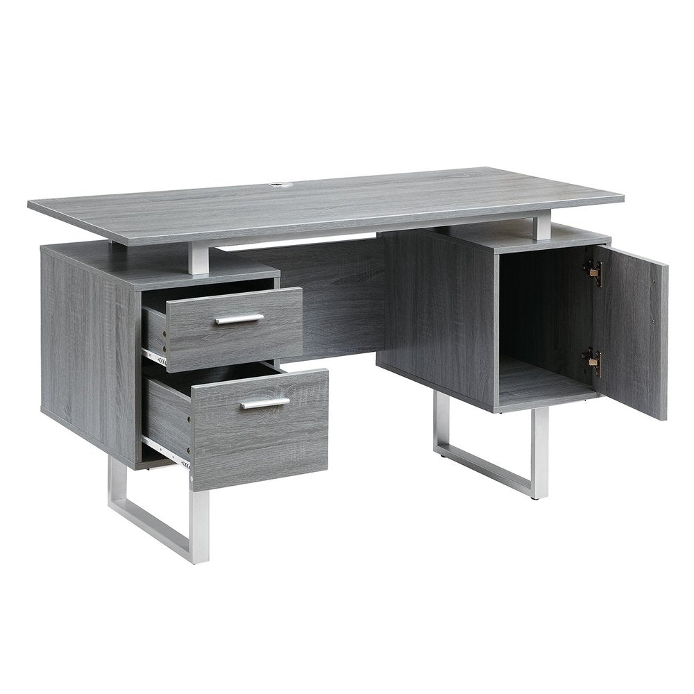 51" Gray and Silver Wood and Steel Pedestal Executive Desk With Two Drawers