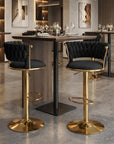Set of Two Black And Gold Velvet And Metal Low Back Adjustable Height Swivel Bar Chairs