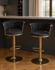 Set of Two Black And Gold Velvet And Metal Low Back Adjustable Height Swivel Bar Chairs