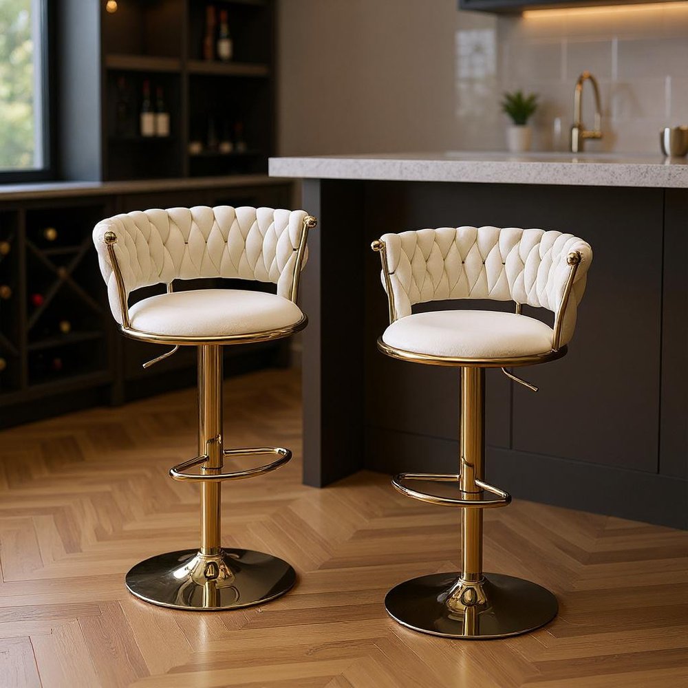Set of Two Black And Gold Velvet And Metal Low Back Adjustable Height Swivel Bar Chairs