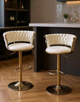 Set of Two Black And Gold Velvet And Metal Low Back Adjustable Height Swivel Bar Chairs
