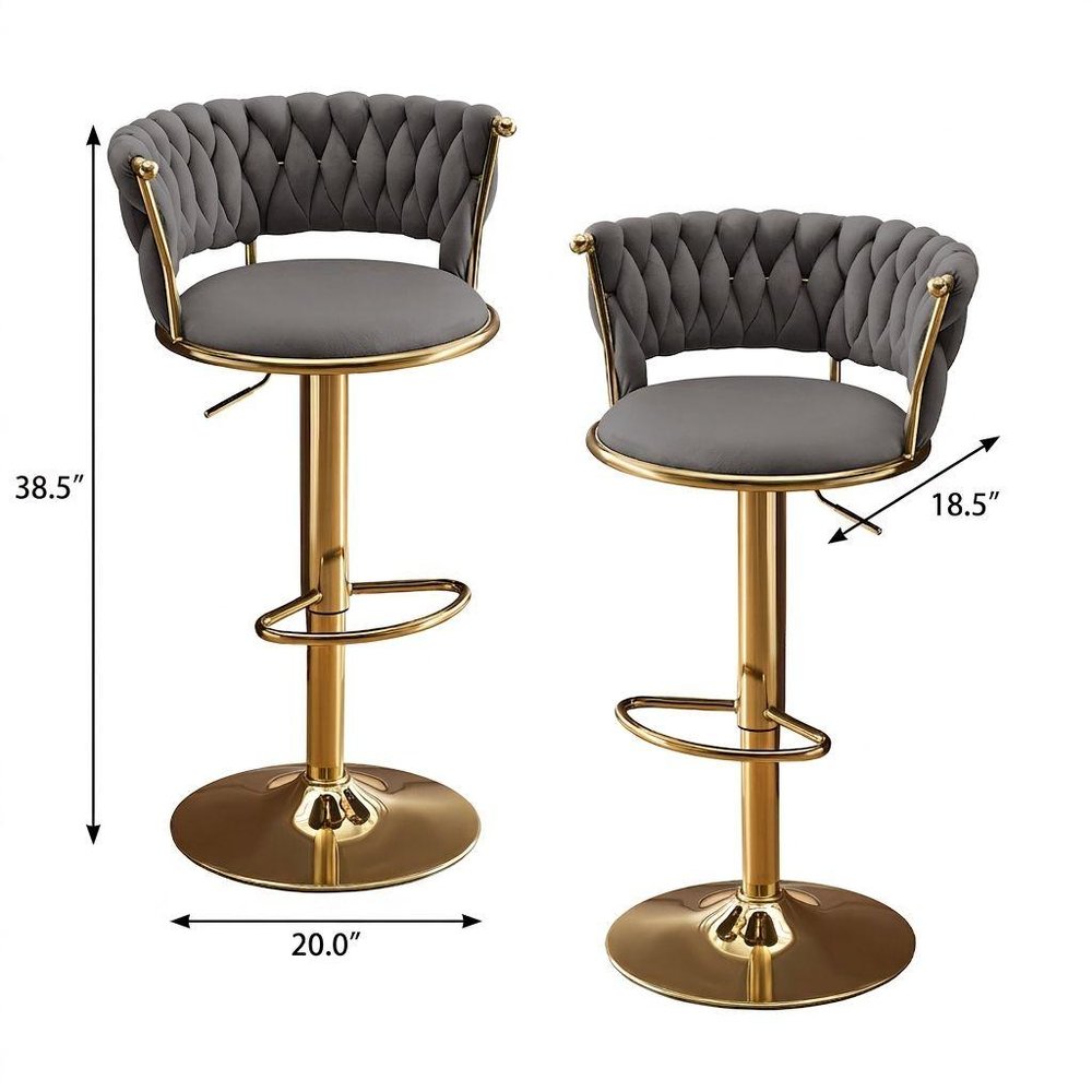 Set of Two Black And Gold Velvet And Metal Low Back Adjustable Height Swivel Bar Chairs