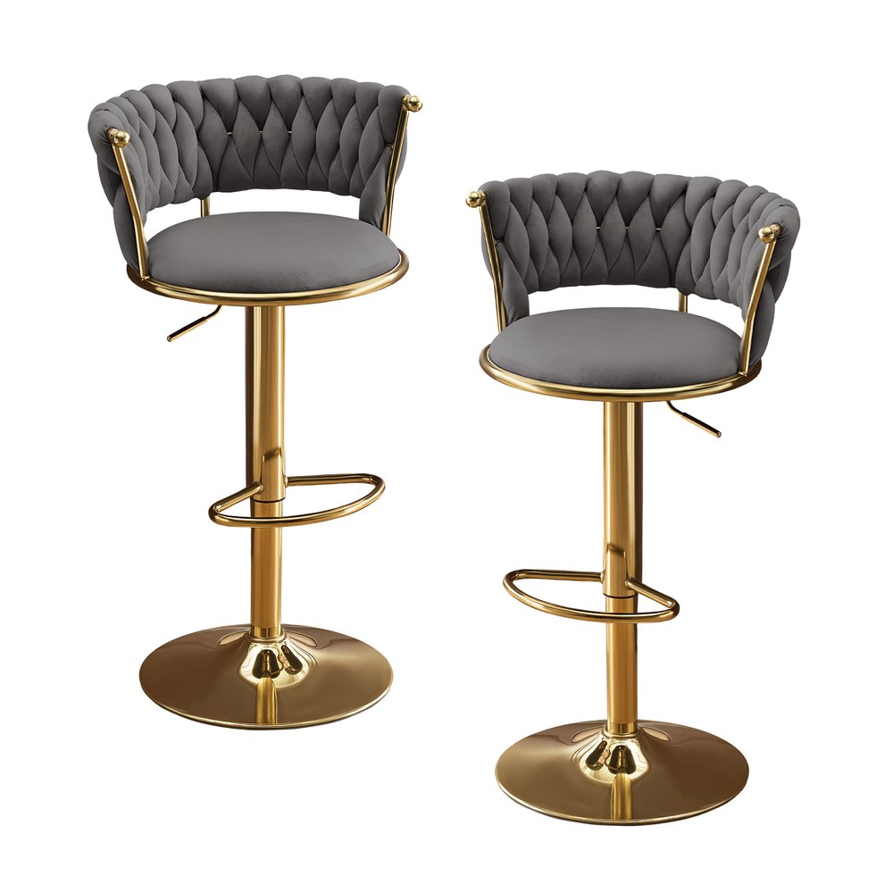 Set of Two Black And Gold Velvet And Metal Low Back Adjustable Height Swivel Bar Chairs