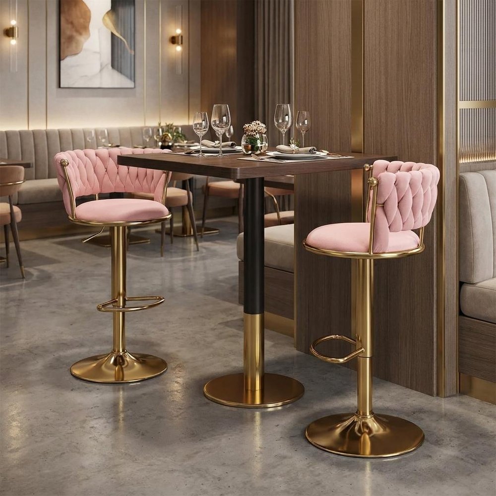 Set of Two Black And Gold Velvet And Metal Low Back Adjustable Height Swivel Bar Chairs