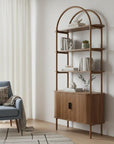 71" Brown Steel and Wood Four Tier Etagere Bookcase with Two Doors