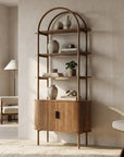 71" Brown Steel and Wood Four Tier Etagere Bookcase with Two Doors