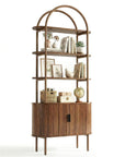 71" Brown Steel and Wood Four Tier Etagere Bookcase with Two Doors