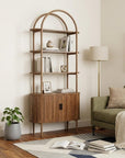 71" Brown Steel and Wood Four Tier Etagere Bookcase with Two Doors