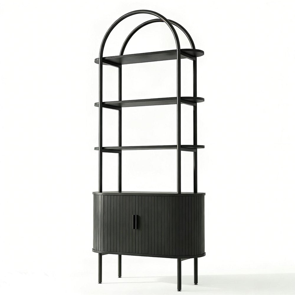 71" Black Wood Four Tier Arched Etagere Bookcase with Two Doors