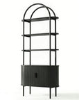 71" Black Wood Four Tier Arched Etagere Bookcase with Two Doors