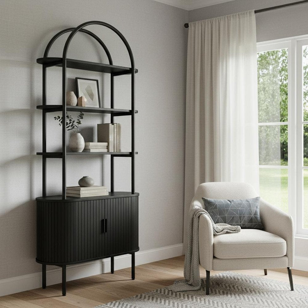 71" Black Wood Four Tier Arched Etagere Bookcase with Two Doors