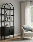 71" Black Wood Four Tier Arched Etagere Bookcase with Two Doors