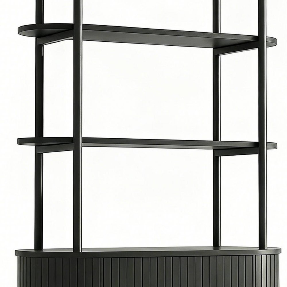71" Black Wood Four Tier Arched Etagere Bookcase with Two Doors