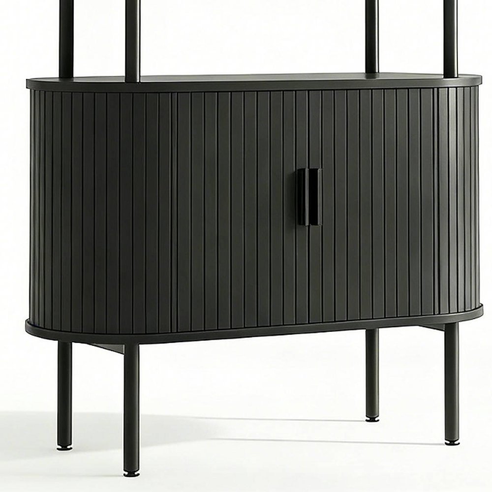 71" Black Wood Four Tier Arched Etagere Bookcase with Two Doors