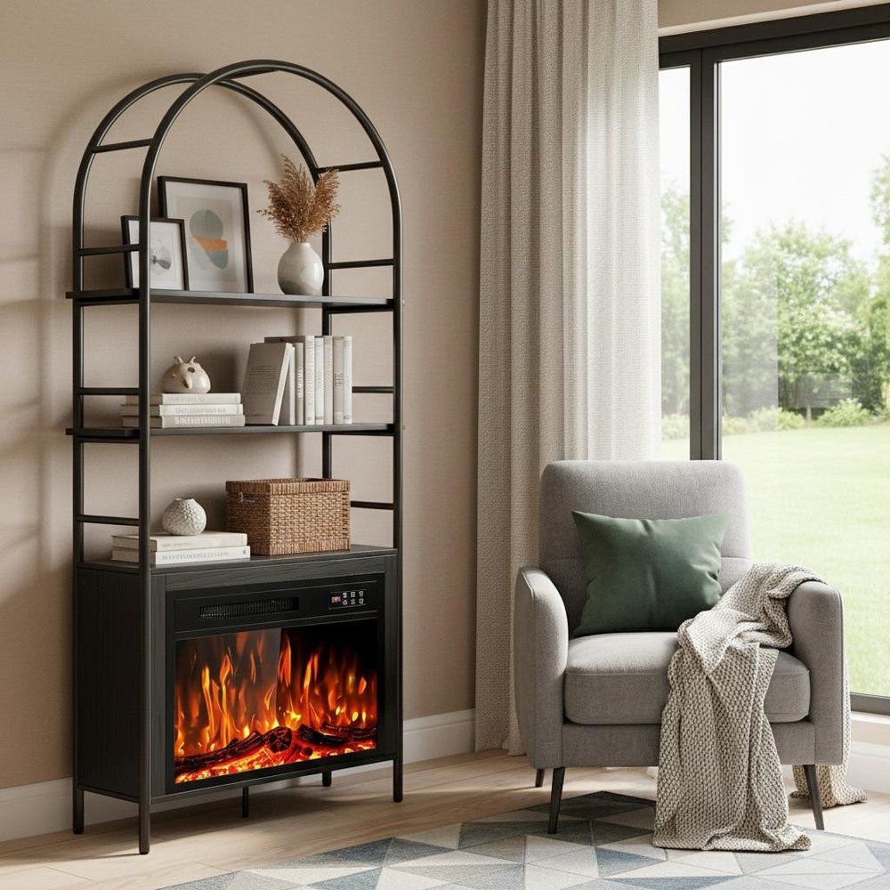 72" Black Metal And Wood Adjustable Three Tier Etagere Bookcase