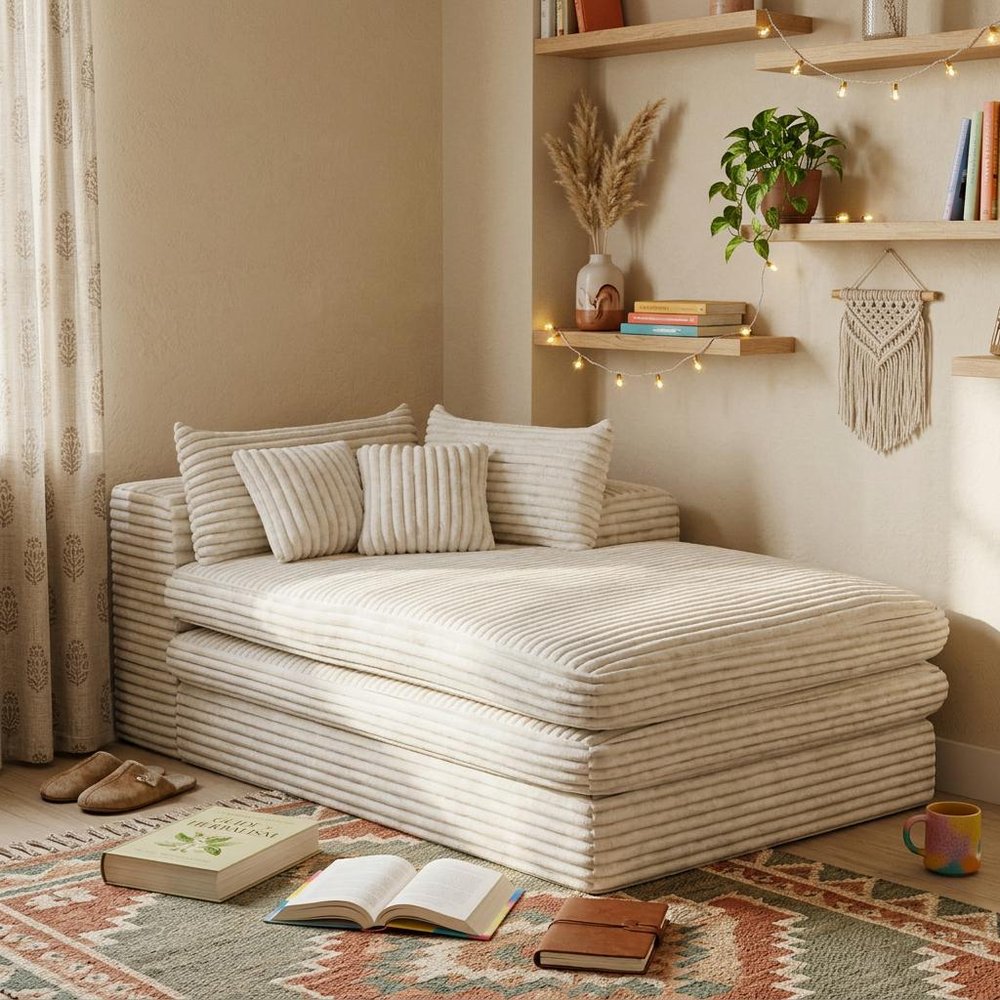 67" White Corduroy Left Hand Facing Chaise Lounge Chair