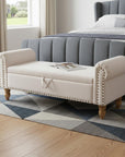 55" Beige and Brown Linen and Solid Wood Upholstered Storage Bench With Flip Top