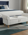 55" White and Brown Corduroy and Solid Wood Upholstered Storage Bench With Flip Top