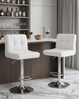 Set of Two White And Silver Faux Leather And Aluminum Adjustable Height Swivel Bar Chairs
