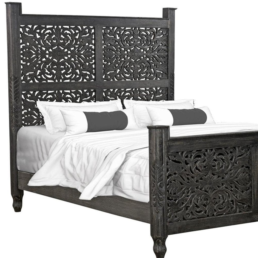 Five Piec Black Solid Wood Bedroom Set With Mirror