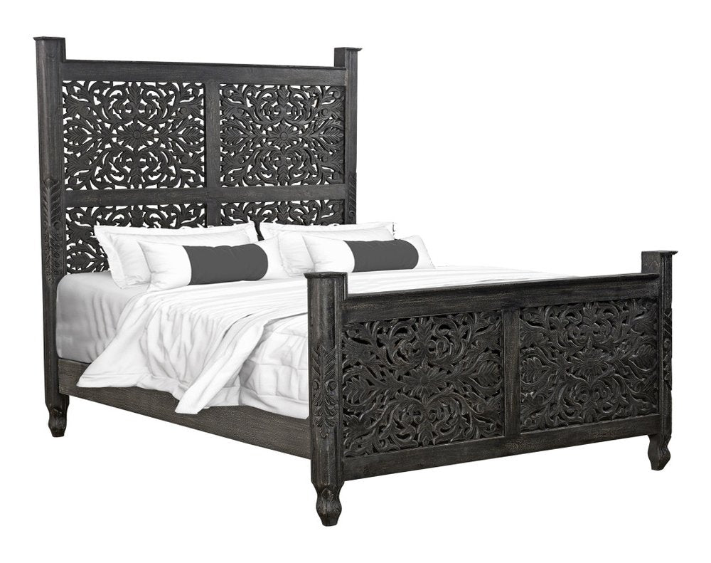 Five Piec Black Solid Wood Bedroom Set With Mirror