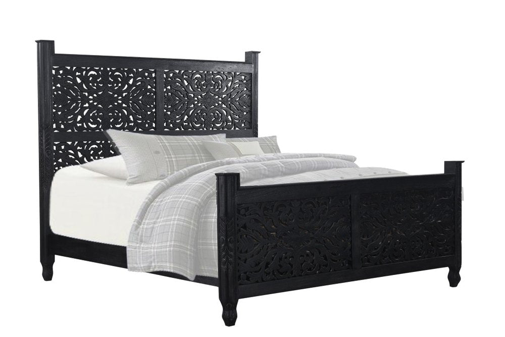Five Piec Black Solid Wood Bedroom Set With Mirror