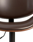 Set of Two Brown And Black Faux Leather Aluminum And Wood Adjustable Height Swivel Bar Chairs