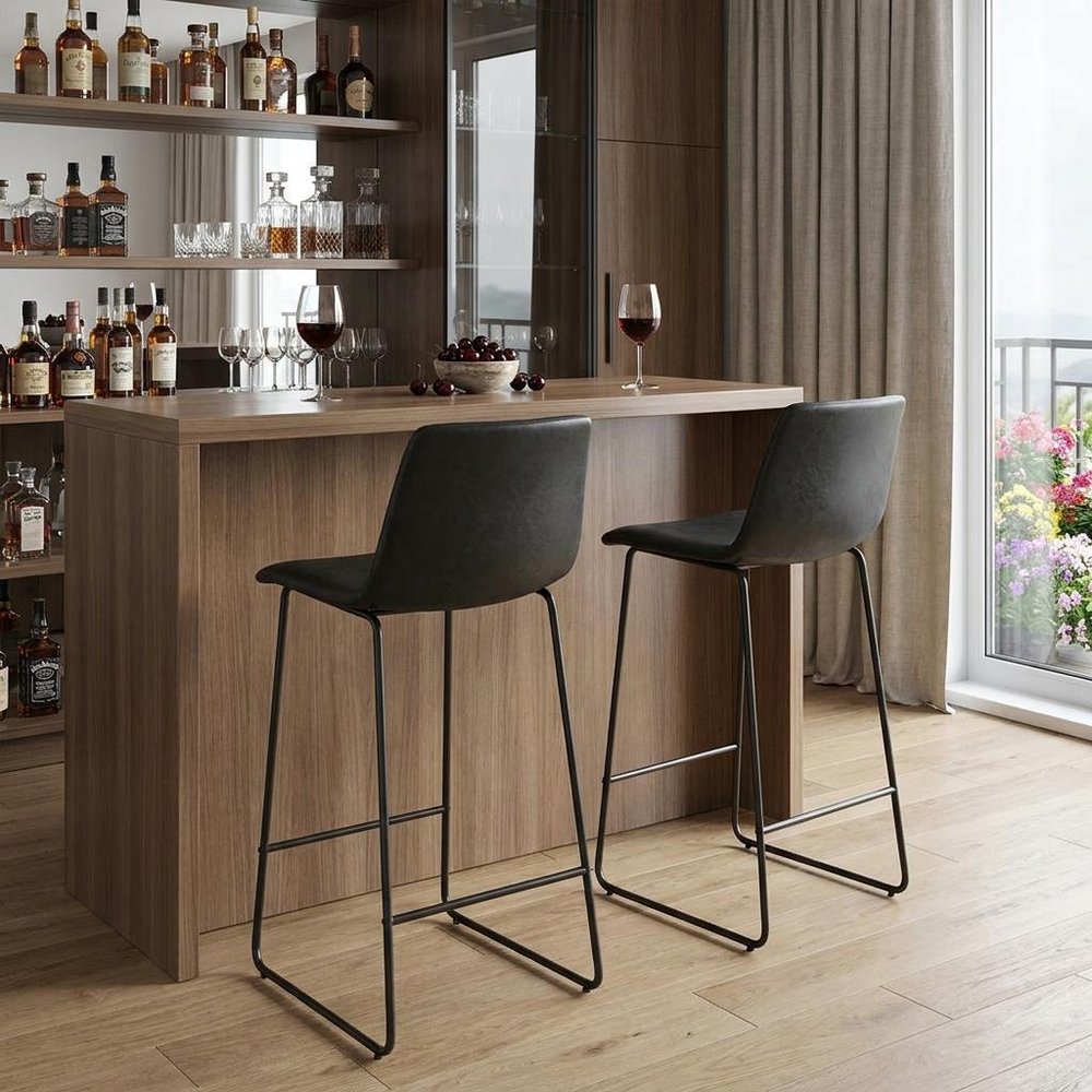 Set of Two 29" Black Faux Leather And Aluminum Bar Height Bar Chairs